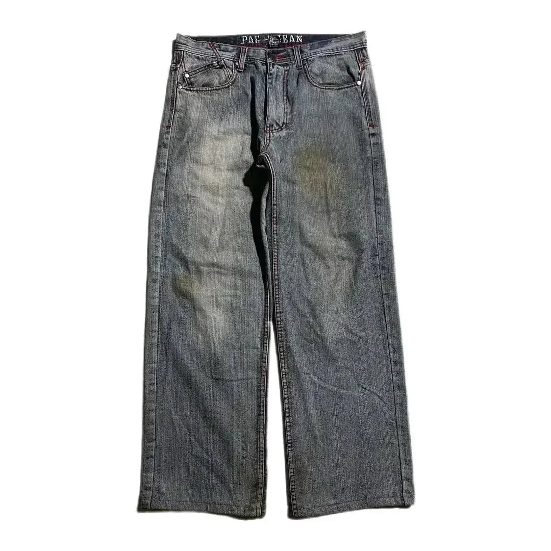Grunge Skull Embroidery Mid Rise Jeans