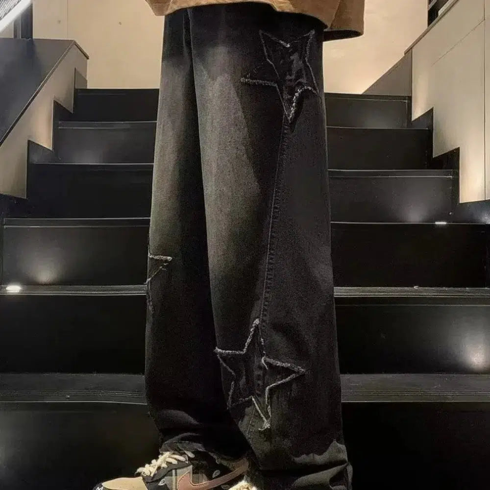 Star Embroidered Y2K Baggy Straight Leg Washed Jeans