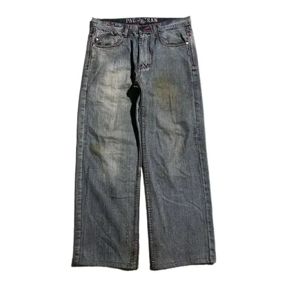 Grunge Skull Embroidery Mid Rise Jeans